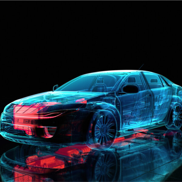Against a dark background is an x-ray illustration of a blue car with components, such as the engine, showing through the body in red