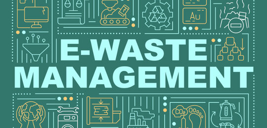 A green graphic with the words E-waste management in white letter in the centre, surrounded by icons showing the types of electronic waste such as computers, kettles and washing machines