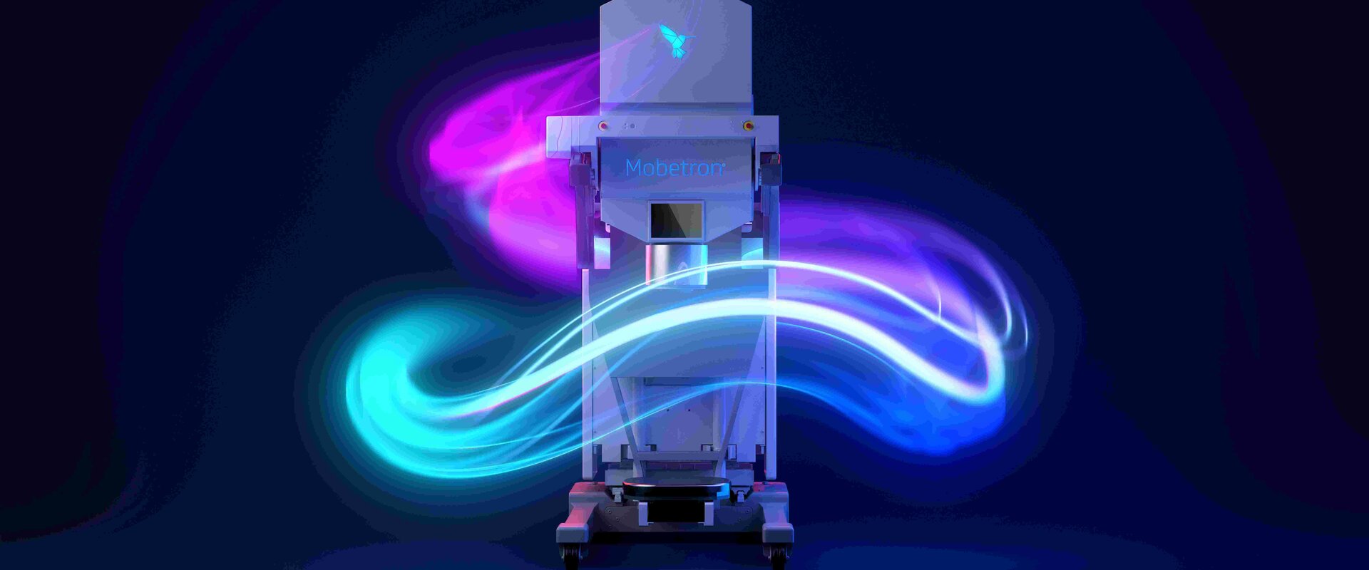 Against a dark background is the Mobetron clinical linear accelerator. A tall, white, box-like instrument on wheels surrounded in the picture with glowing lines