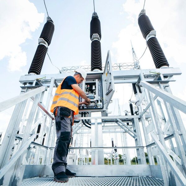 Engineer inspecting equipment in an electric substation