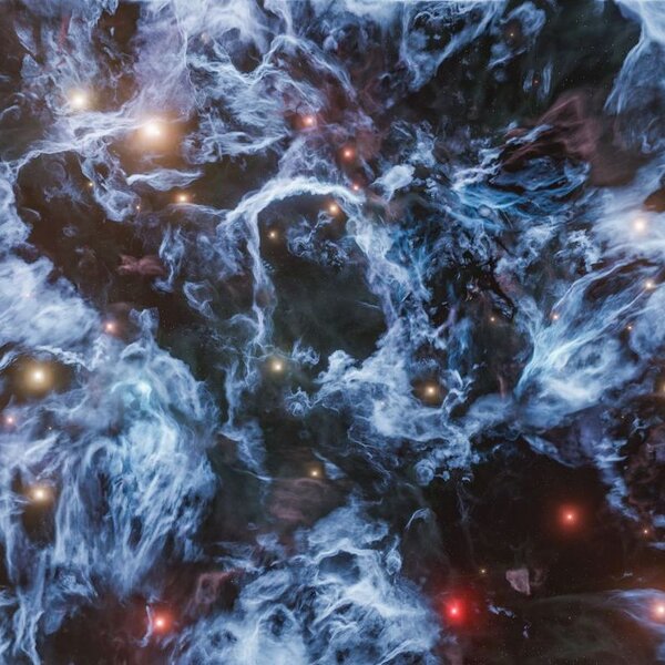 An artists concept of a nebula. Blue streamers of interstellar gas are embedded with bright red or white stars