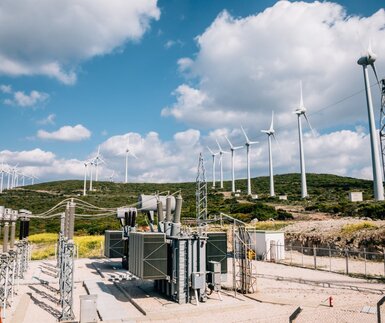 Image showing renewable green energy - power substation and wind turbines