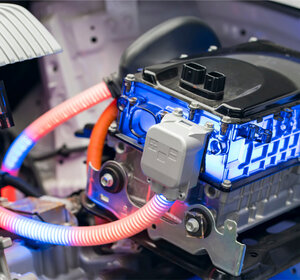 Image showing an Electric car lithium battery pack and power connections