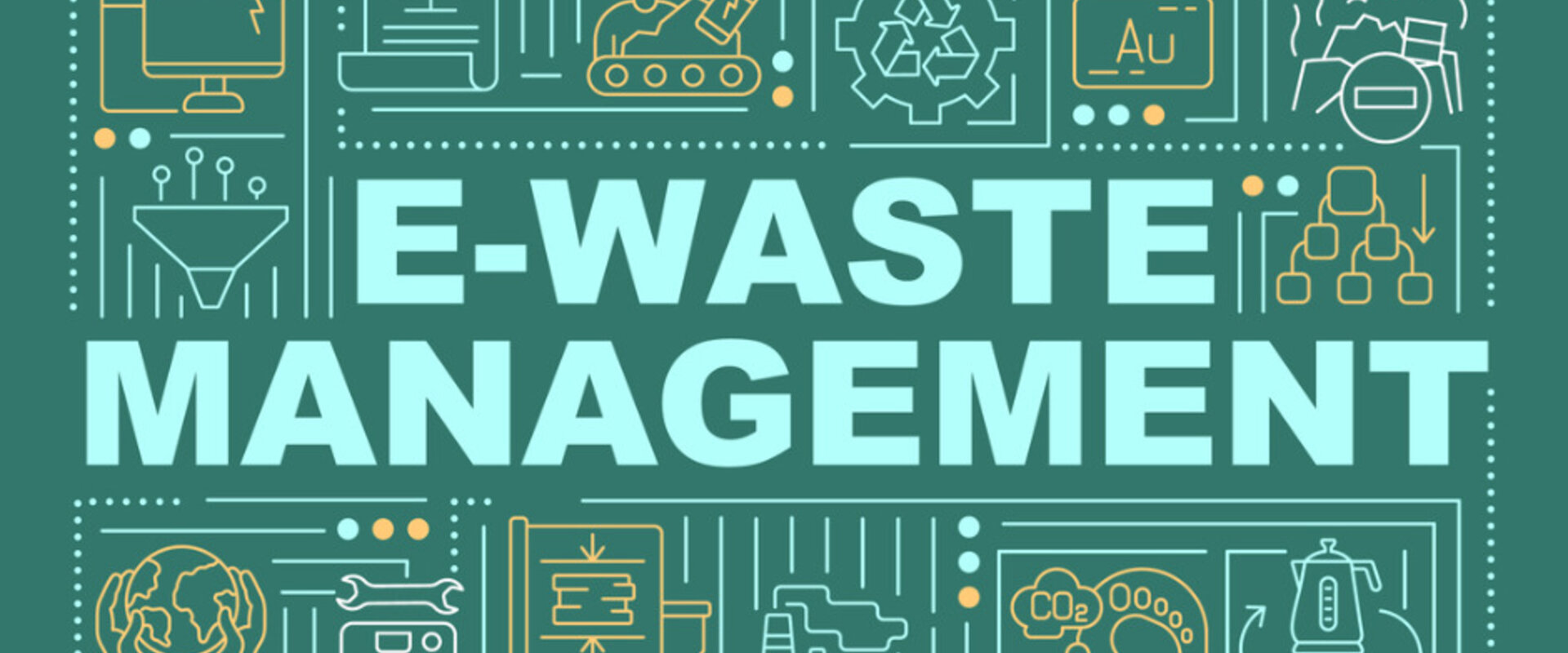 A green graphic with the words E-waste management in white letter in the centre, surrounded by icons showing the types of electronic waste such as computers, kettles and washing machines
