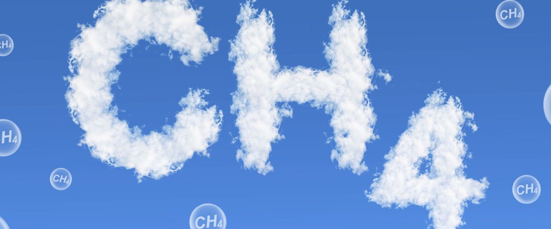 Clouds in a blue sky forming the characters “C, H, 4” (methane)