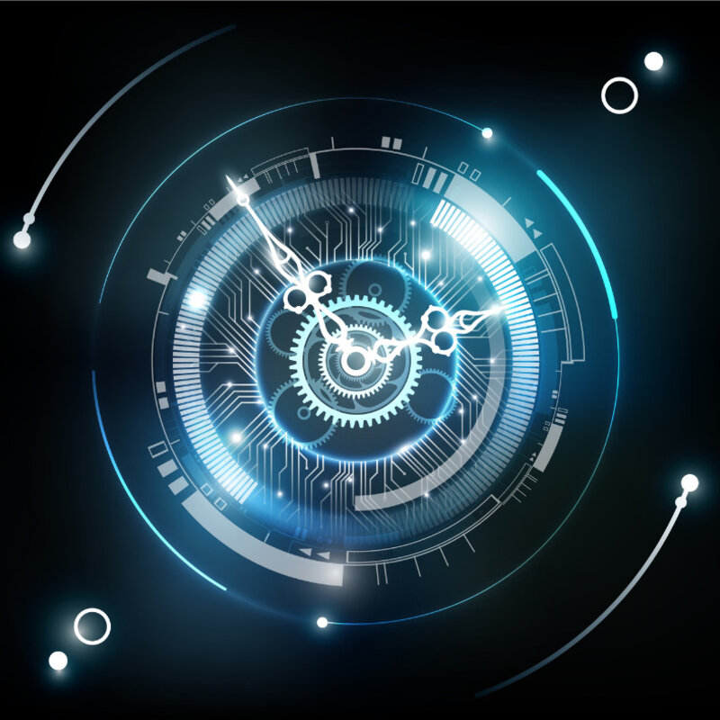 Extending precision measurements of time Image of a glowing clock face with rotating hands