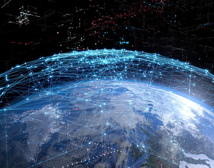 Artists impression of a global quantum network. Against a dark background the northern hemisphere of the world is shown, linked with blue communication lines