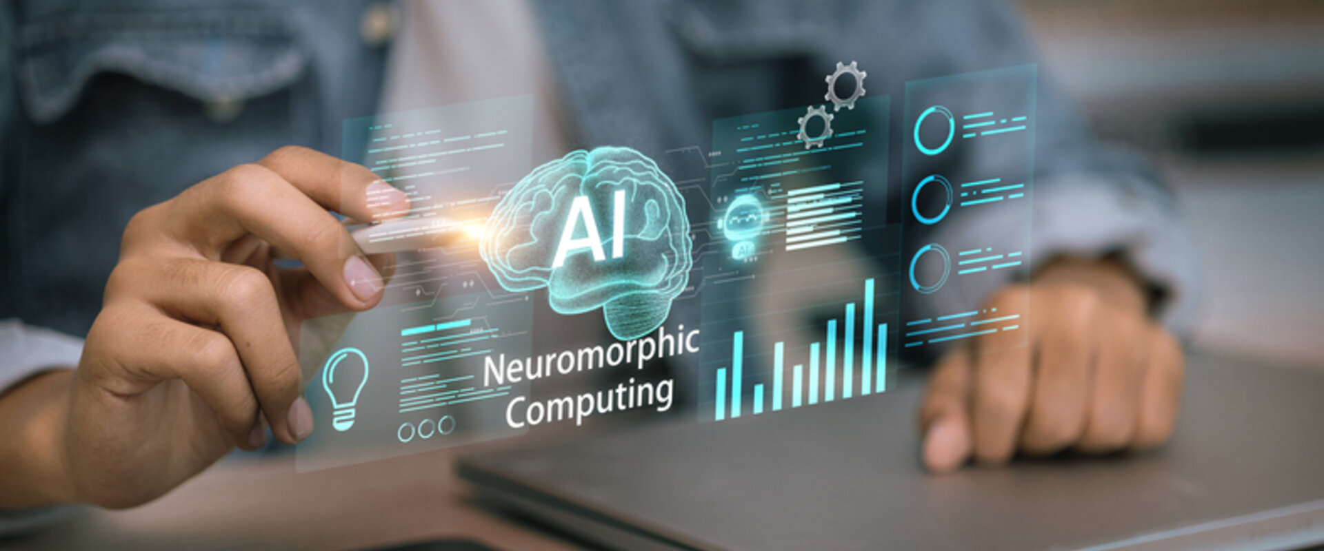 In the foreground of the image is a virtual screen with an image of a brain with “AI” in the centre and the words “Neuromorphic computing” underneath