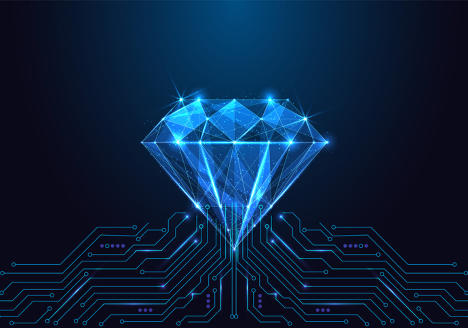 Image showing a glowing blue diamond linked to a circuit board