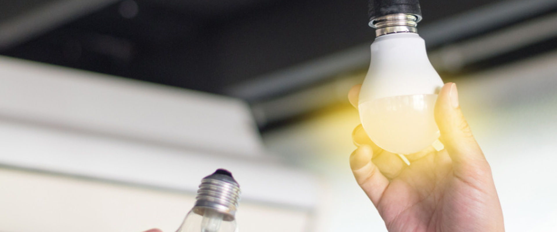Consumer changing incandescent lamp with a new LED light bulb Consumer changing incandescent lamp with a new LED light bulb