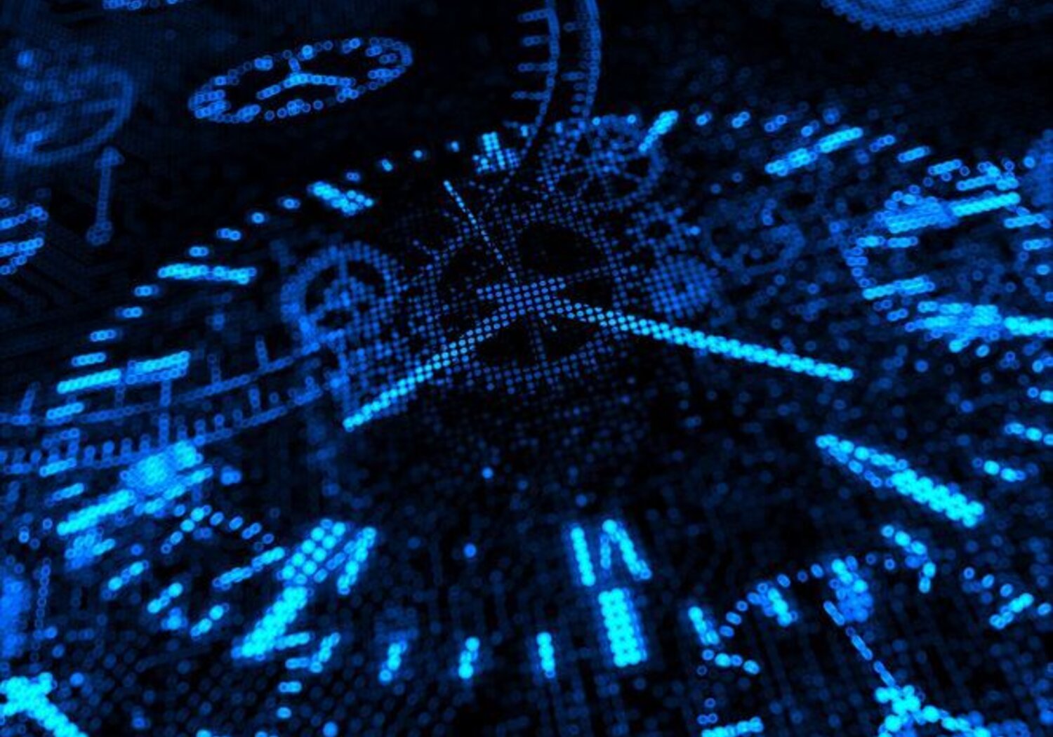 Image showing a clock face made up of glowing blue dials and hours