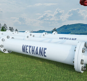 Image showing a large white pipeline running through a field with the words "METHANE" written on in capital letters.
