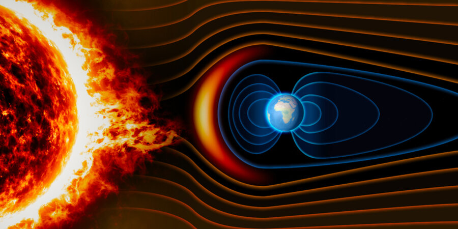 On the left-hand side of the image is the sun with fiery solar flares extending across the picture to the Earth on the right-hand side. Here the Earth’s magnetic field is acting like a “shield” diverting the fire around the planet