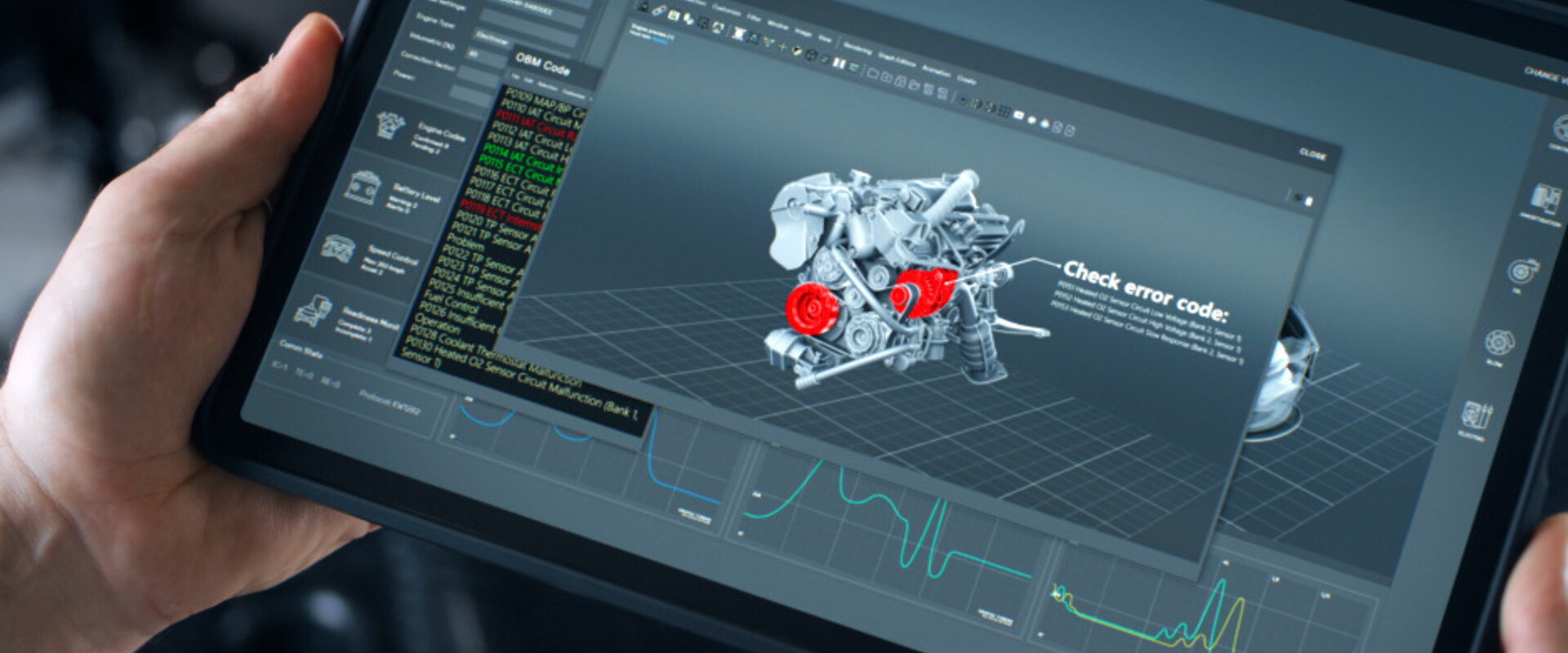 Image showing a 3D diagnostic schematic of an internal combustion engine Close up of two hands holding a diagnostic pad showing a 3D schematic of a car engine. Two sections of the engine are in red indicating problematic areas