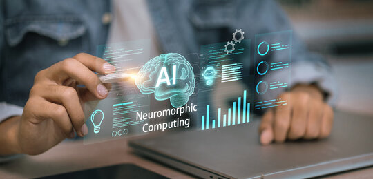 In the foreground of the image is a virtual screen with an image of a brain with “AI” in the centre and the words “Neuromorphic computing” underneath