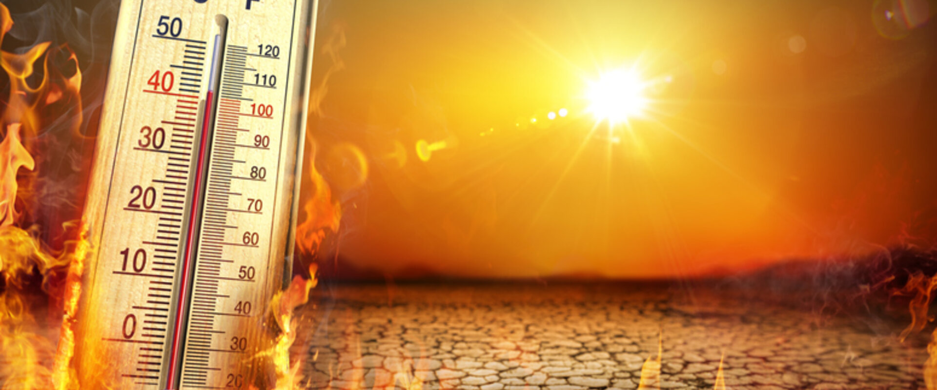 Climate change is causing temperature rises around the globe In an orange sky the sun beats down onto cracked dry earth with a burning thermometer on the left of the image reading over 40 degrees centigrade