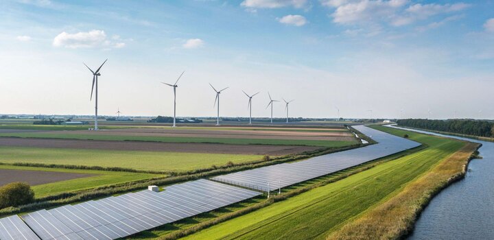 Image showing solar panels and wind turbines generating renewable energy for green and sustainable future