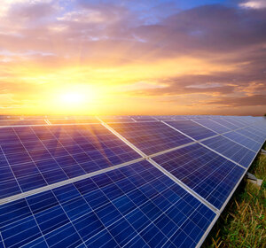 Image showing Photovoltaic cells in field at sunset