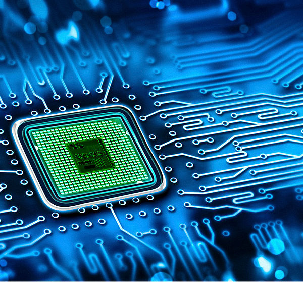 Closeup of a microchip on a motherboard