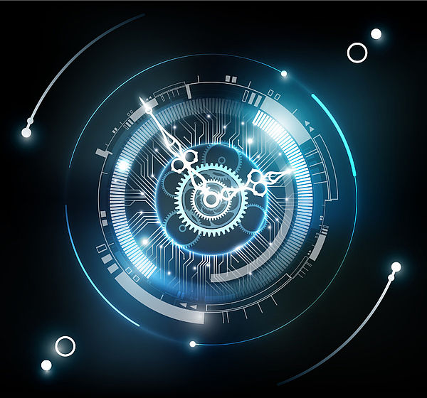 Image of a glowing clock face with rotating hands
