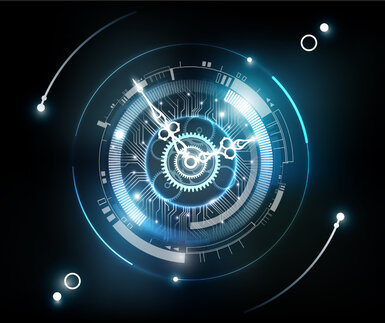 Image of a glowing clock face with rotating hands