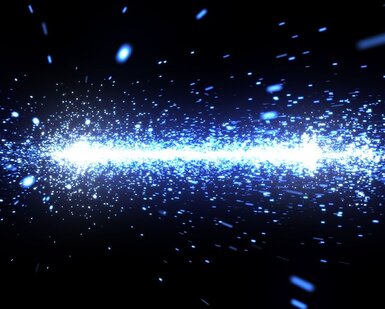 A band of blue-white sparks of light is set horizontally against a dark background
