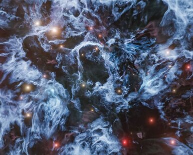 An artists concept of a nebula. Blue streamers of interstellar gas are embedded with bright red or white stars