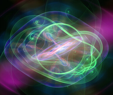 Close up of a stylistic image of electrons around a nucleus with the electrons depicted as coloured bands or ribbons around the central core