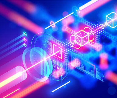 Quantum computing. Close up of optical CPU process light signal. Quantum computer of glowing qubits. Laser ray signal transmitting digital signal in chip or processor. Abstract technology background