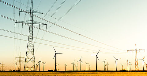 Power poles and wind turbines in autumn sunlight picture