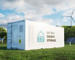 Image showing Concept of a modern high-capacity battery energy storage system in a container with a forest in the background