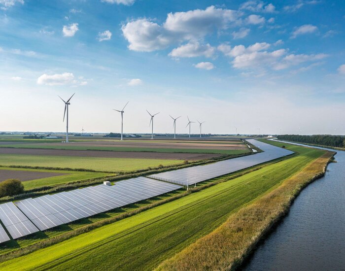 Image showing solar panels and wind turbines generating renewable energy for green and sustainable future